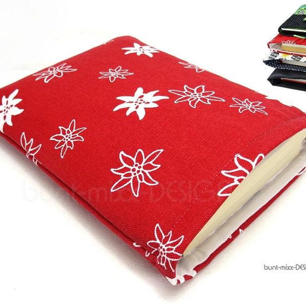 Book cover red edelweiss white canvas protective cover tablet size M book bag cover handmade BuntMixxDESIGN ©