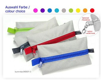Light grey pouch with blue, red, green, and grey zipper. TaTüTa headphones inhaler hand gel disinfectant by BuntMixxDESIGN ©