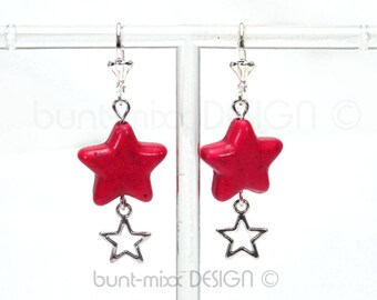 Red and silver star-shaped drop earrings with hinged ear wires, a gift for women and girls, handmade by BuntMixxDESIGN ©