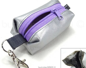 Dog poop bag dispenser pouch, faux leather with purple zipper and large eyelet, by BuntMixxDESIGN ©