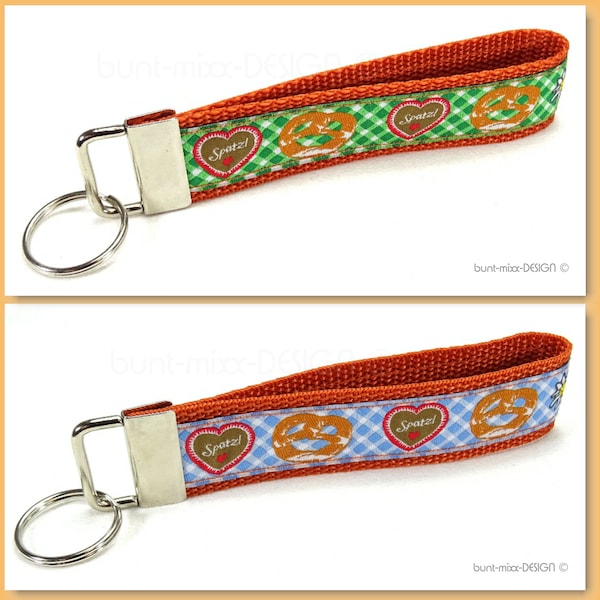 Keychain heart pretzel spatzl blue white green, bavarian style lanyard keyholder key fob, copper-orange, handmade by BuntMixxDESIGN