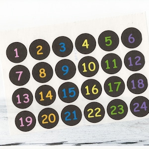 Autocollants chiffres pour calendrier de l&#39;Avent, ronds de 3 cm, gris foncé, autocollants chiffres COLORÉS de 1 à 24, fabriqués par BuntMixxDESIGN