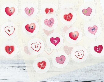 Advent calendar number stickers, 4 cm, pink HEART with numbers 1-24 stickers, made by BuntMixxDESIGN