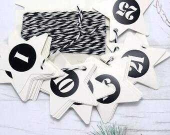 24/25 Advent calendar numbers star pendant, numbers flex foil black, gift tag baker's twine black and white, made by BuntMixxDESIGN ©