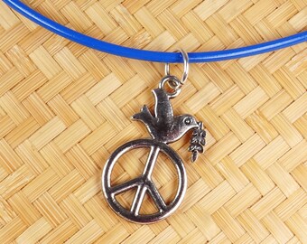 Royal blue rubber necklace, PEACE pendant (dove of peace, olive branch), charm ring, sterling silver spring ring end caps, made by BuntMixxDESIGN