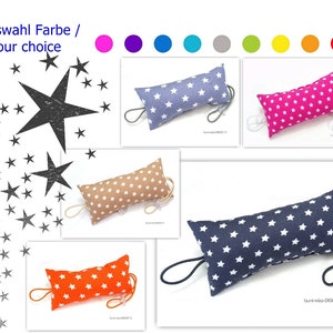 May include: A set of ten doorstops in various colours, each featuring a white star pattern. The doorstops are made of fabric and have a loop for hanging. The colours include pink, purple, blue, turquoise, grey, green, yellow, orange, and red.