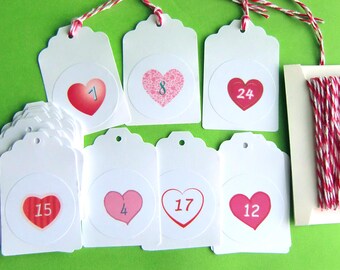 24 Advent calendar numbers pendant tags, heart pink, Advent calendar numbers gift tags baker's twine red white, made by BuntMixxDESIGN