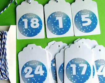 24 Advent calendar numbers pendant tags, blue snowflakes white, Advent calendar gift tags baker's twine, made by BuntMixxDESIGN