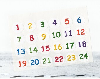 Advent calendar number stickers, 3 cm round, white. Colorful numbers 1-24 stickers, made by BuntMixxDESIGN