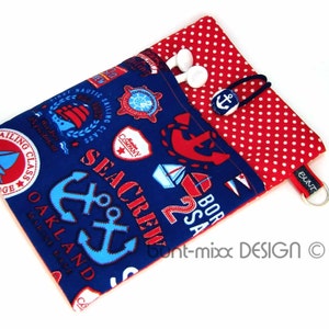 eReaderhoes met extra vak voor Kindle-lezer, papierwit, maritiem, nautisch, anker, stuurwiel, blauw, wit, rood, handgemaakt door BuntMixxDesign
