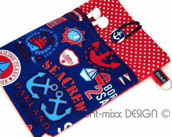 eReader cover with extra pocket for reader Kindle paperwhite maritime nautical anchor steering wheel blue white red handemade by BuntMixxDesign