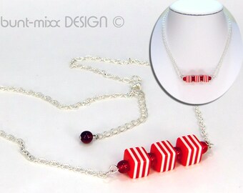 Red and white necklace, cube beads, silver-colored link chain, gift idea for her, geometric, made by BuntMixxDESIGN ©