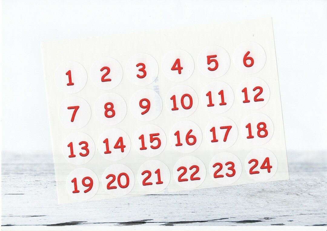 Advent Calendar Number Stickers, 3 Cm Round, White Red Numbers 1-24 ...