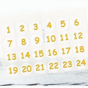 Autocollants chiffres pour calendrier de l&#39;Avent, ronds de 3 cm, blancs, autocollants chiffres JAUNES 1 à 24, fabriqués par BuntMixxDESIGN