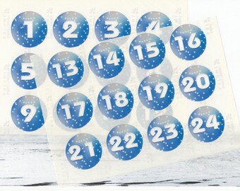 Advent calendar number stickers, 4 cm round blue, snowflakes, WHITE numbers 1-24 stickers, made by BuntMixxDESIGN