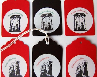 6 gift tags RED and BLACK, with Merry Christmas paper cut-out, ribbon twine off-white gold, made by BuntMixxDESIGN