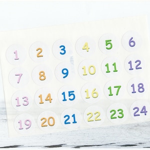 Autocollants chiffres pour calendrier de l&#39;Avent, ronds de 3 cm, blancs, autocollants chiffres COLORÉS de 1 à 24, fabriqués par BuntMixxDESIGN