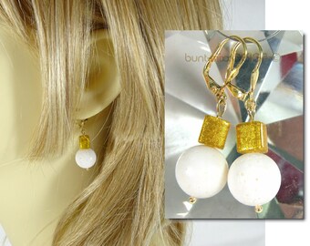 Earrings foam coral white rectangle glass gold cube glitter gold bridal jewelry leverback 925 silver sterling silver, made by BuntMixxDESIGN