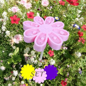 BuntMixxDESIGN ©による、昆虫用給水器3個セット、花柄デザイン、ピンク、イエロー、パープル、蜂用給水器、木製スティック付き、3Dプリントパーツ、ガーデンフラワーポット
