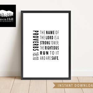 Spreuken 18:10 | Instant DIGITALE DOWNLOAD, schriftvers, bijbelvers, religieuze muurkunst, de naam van de heer, sterke toren