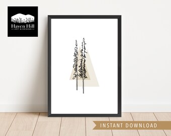 Triángulo de hoja perenne en oro / DESCARGA DIGITAL instantánea, Arte de pared imprimible, Impresión de naturaleza abstracta, Arte de línea minimalista, Árbol de hoja perenne