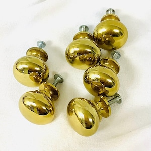 May include: Six polished, gold-coloured cabinet knobs with a rounded, oval design. Each knob features a screw for simple fitting. The knobs are displayed on a white surface, reflecting light.