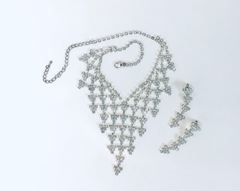 Vintage clear rhinestone bib necklace and long dangling earrings matching set