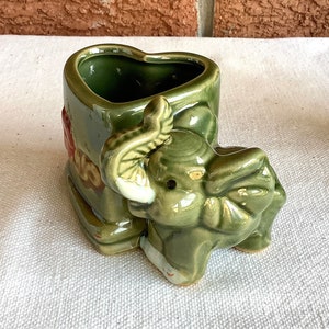 Vintage Majolica bamboo planter or vase handcrafted green elephant vase set image 7