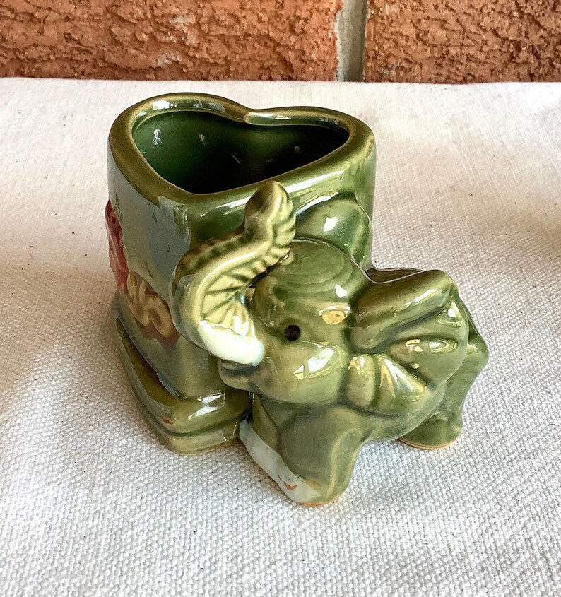 Jardinière ou vase vintage en bambou et faïence fait main, ensemble de vases éléphants verts image 7