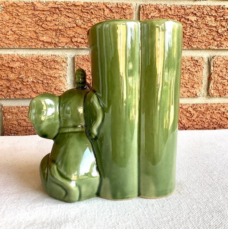 Vintage Majolica bamboo planter or vase handcrafted green elephant vase set image 4
