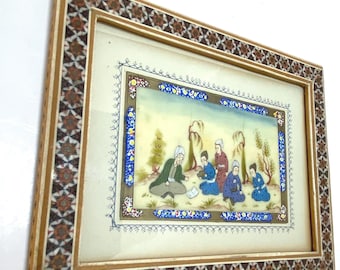 Original Persian Miniature Painting 9” Hand Detailed Small Oil Painting in Wood Inlaid Frame