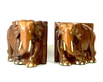Vintage wood carved elephant bookends,  Pair of heavy wood hand carved bookends,  Set of two elephant bookends 1960s handcrafted