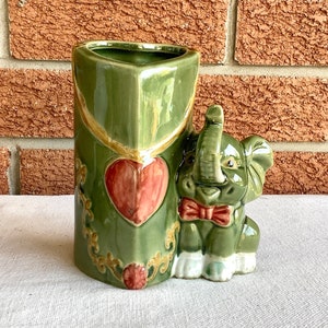 Vintage Majolica bamboo planter or vase handcrafted green elephant vase set Bild 2