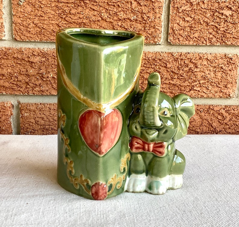 Vintage Majolica bamboo planter or vase handcrafted green elephant vase set image 2