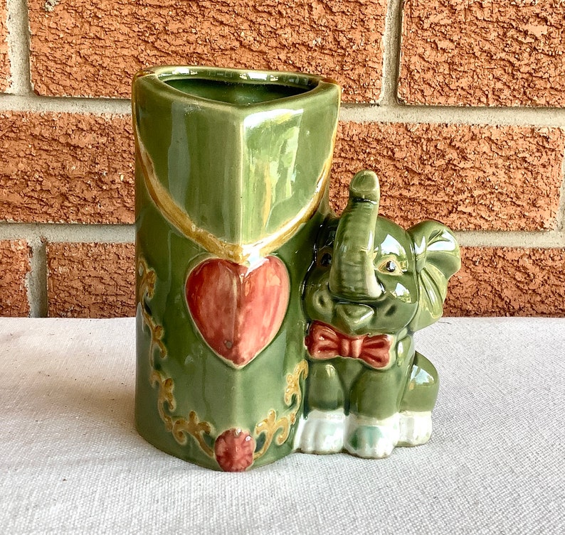 Vintage Majolica bamboo planter or vase handcrafted green elephant vase set Bild 2