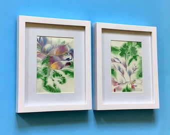 pair of tiny original signed flower painting,  Original framed multi coloured acrylic paintings,   Small original colourful floral paintings