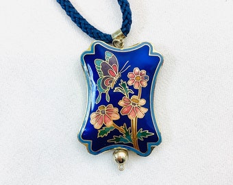 Vintage Cloisonne butterfly pendant necklace lacquer glass and brass handcrafted