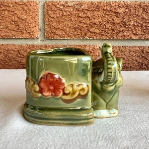 Jardinière ou vase vintage en bambou et faïence fait main, ensemble de vases éléphants verts image 6