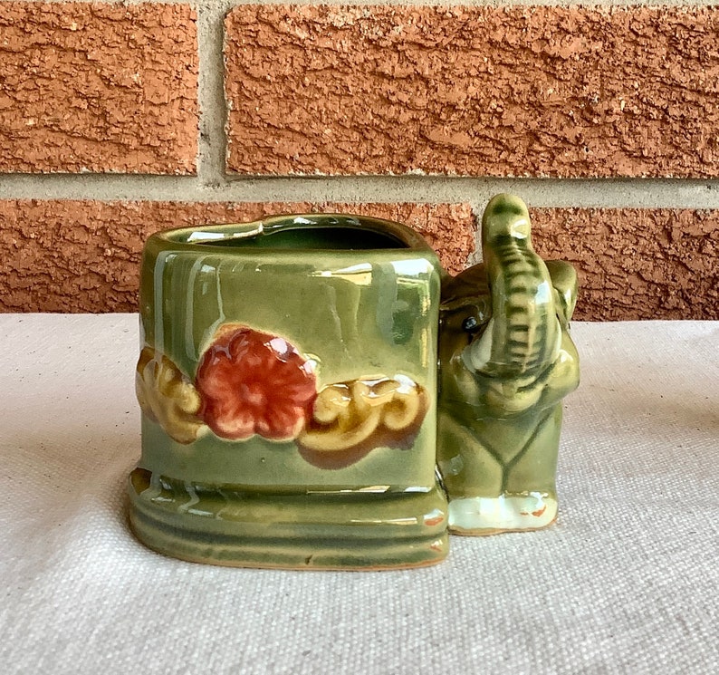 Vintage Majolica bamboo planter or vase handcrafted green elephant vase set zdjęcie 6