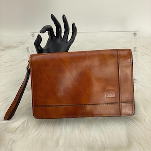 Portefeuille vintage avec pochette et bracelet en cuir marron avec logo RR en relief - Organiseur de voyage en cuir véritable