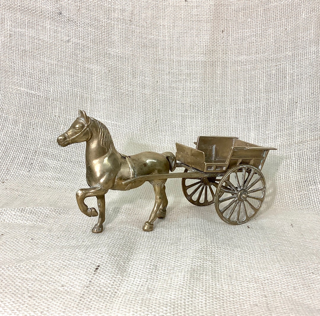 Vintage Solid Brass House Pulling Cart, Large Brass Horse With