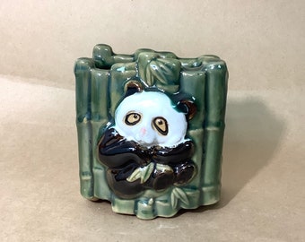 Vintage green bamboo and Panda Bear planter or vase pottery