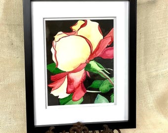 Originales Rosen-Aquarell auf gusseisernem Ständer, gerahmtes Original-Aquarell einer roten Rose, signiertes Aquarellgemälde einer roten Rose
