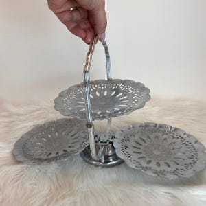 Vintage 3 Tier Folding Chrome Midcentury Modern Cake Stand, Dessert or Sandwich Tray, Embossed Tray, Tea Party 3 Tier Cake Stand