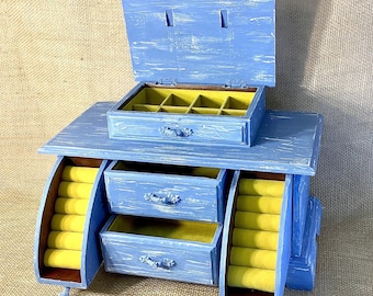 Large Upcycled Jewelry Box Hand Painted Blue Distressed One of a Kind Box