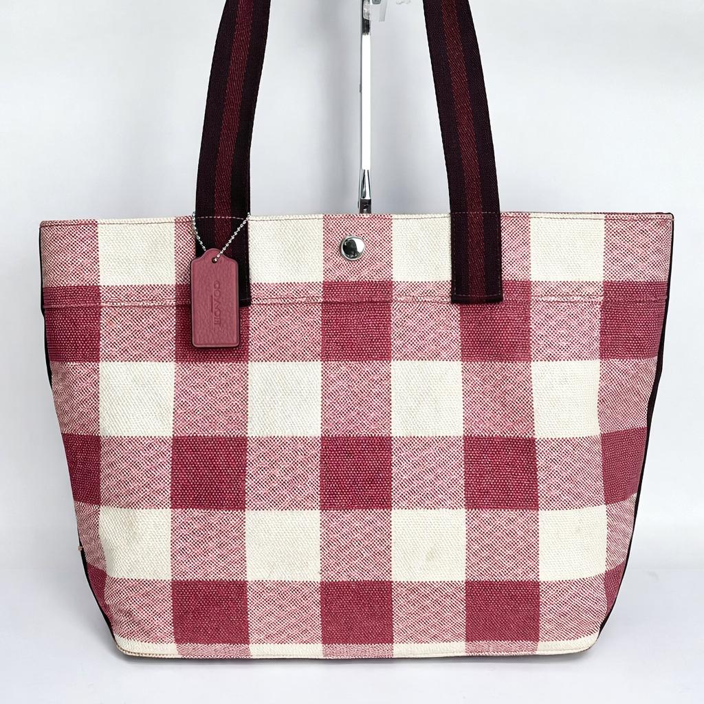 Coach Plaid Canvas Tote Bag Burgundy Cream | Classic Coach 