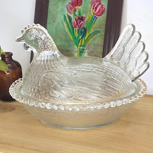 Vintage Clear Glass Hen-on-Nest Covered Dish • 8” Pressed Glass Candy Dish with Beaded Rim Excellent Condition
