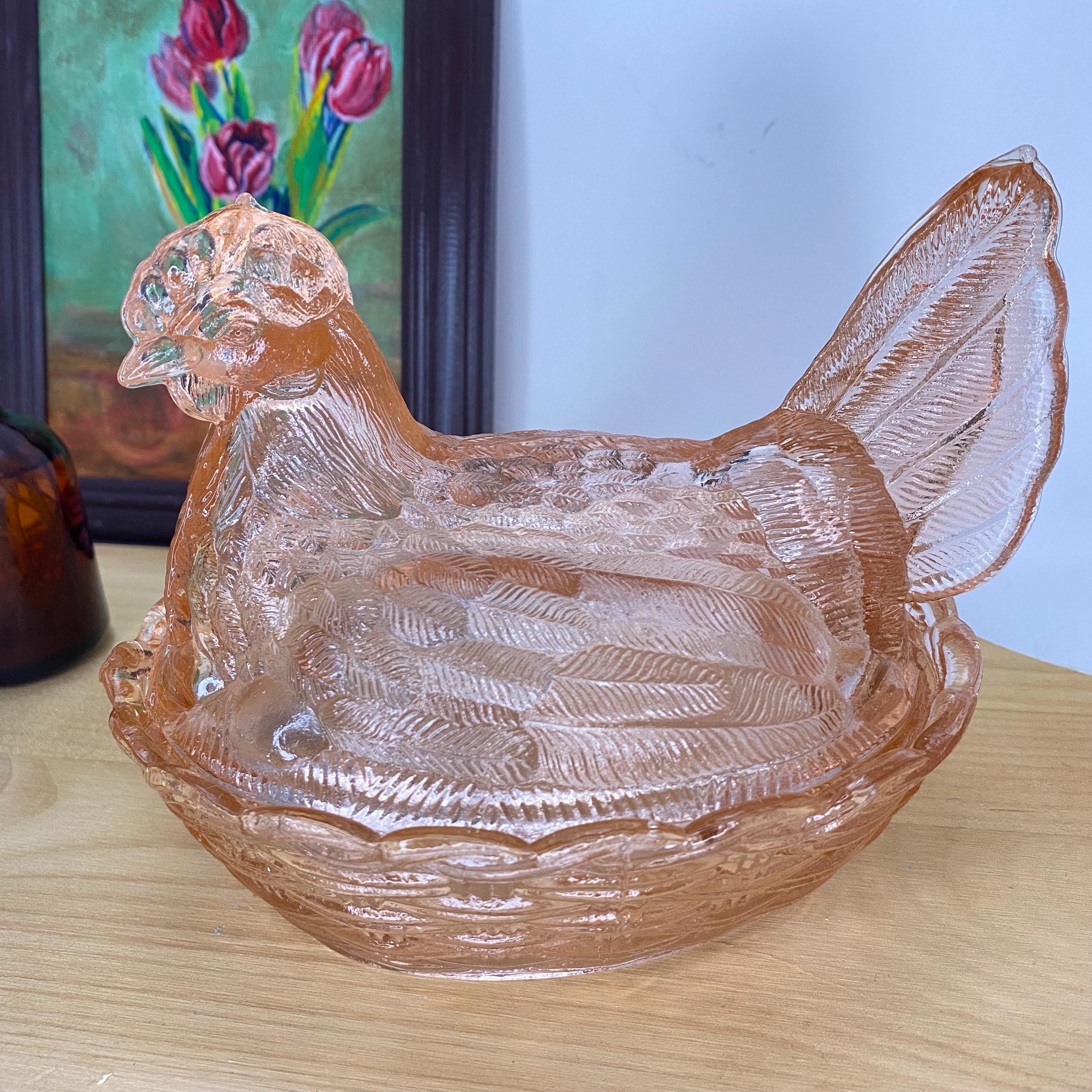 Pink Glass Hen on Nest, Westmoreland Cocked Head and Split Tail