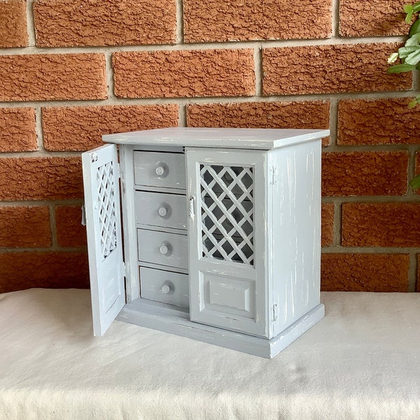 Vintage upcycled wood jewelry box wall mounted, Grey jewelry box refurbished Distressed, large 6 drawer jewelry storage