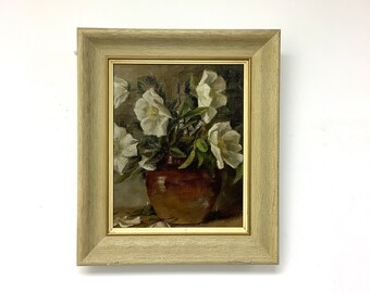 peinture à l'huile originale vintage de fleurs blanches dans un vase encadré